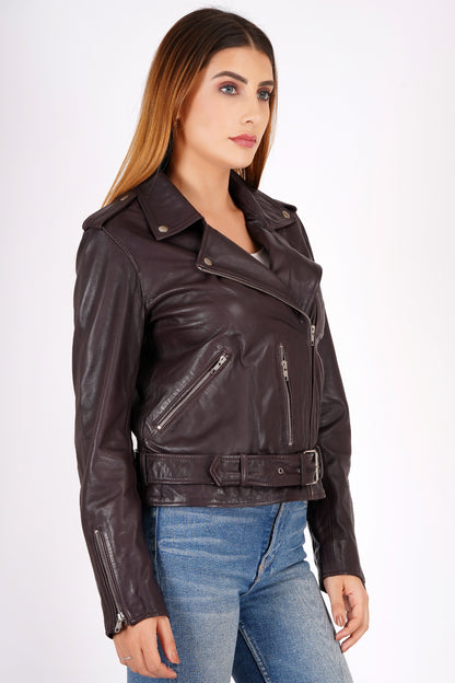 100% Leather Motorcycle Flap Pocket Jacket - Burgundy | WX114