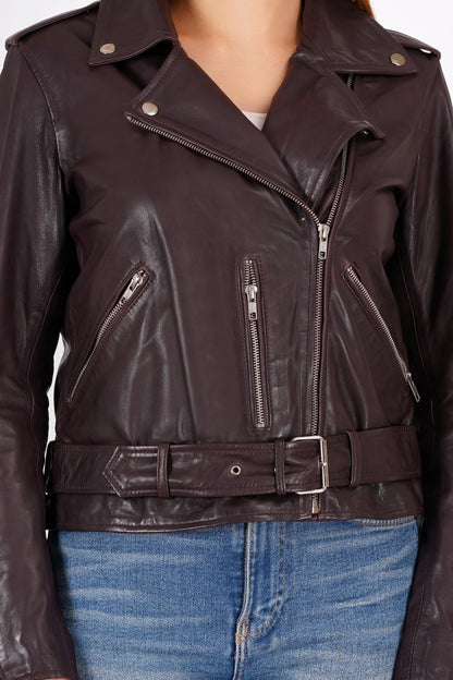 100% Leather Motorcycle Flap Pocket Jacket - Burgundy | WX114