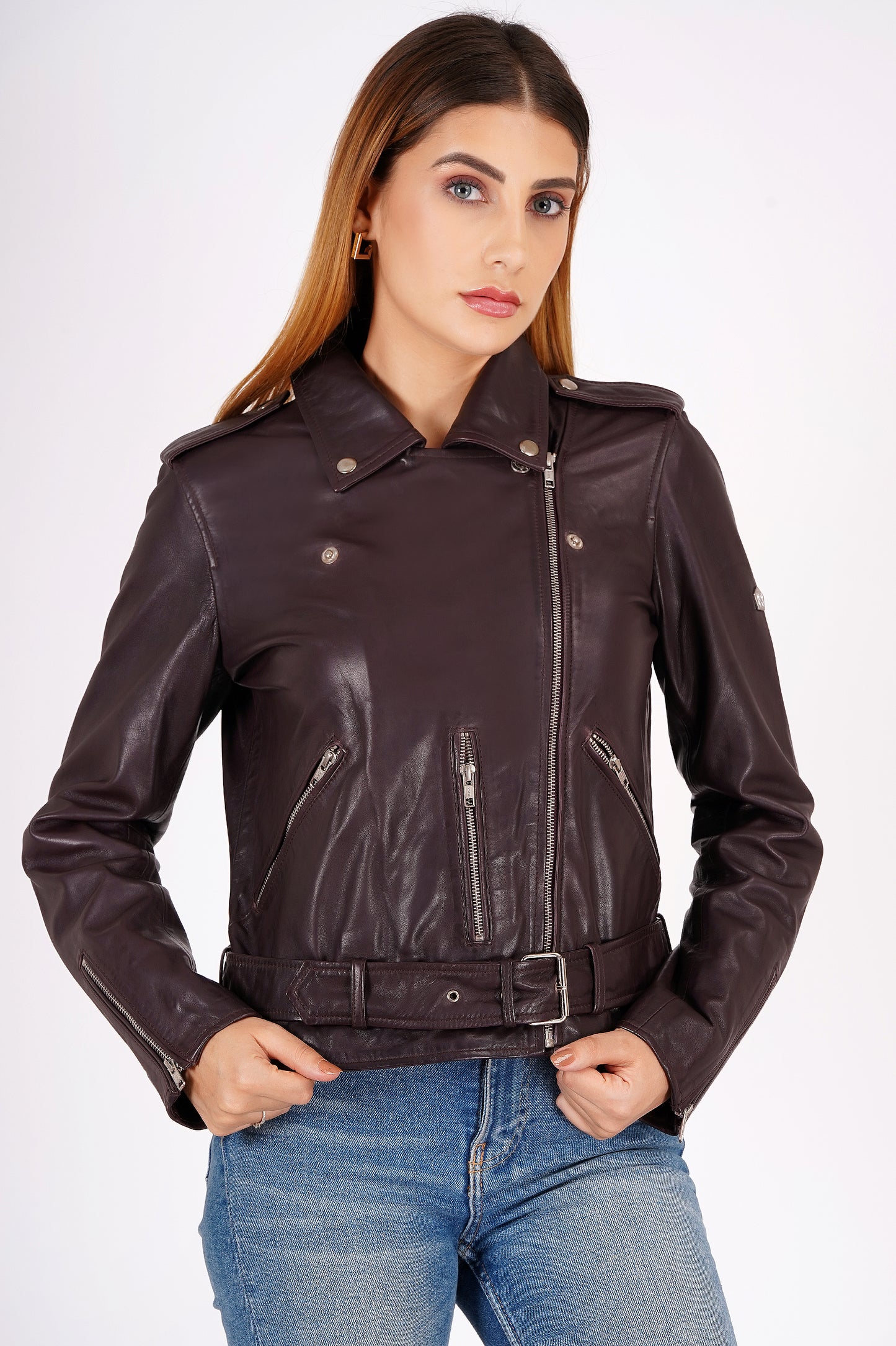 100% Leather Motorcycle Flap Pocket Jacket - Burgundy | WX114