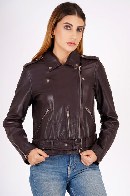 100% Leather Motorcycle Flap Pocket Jacket - Burgundy | WX114