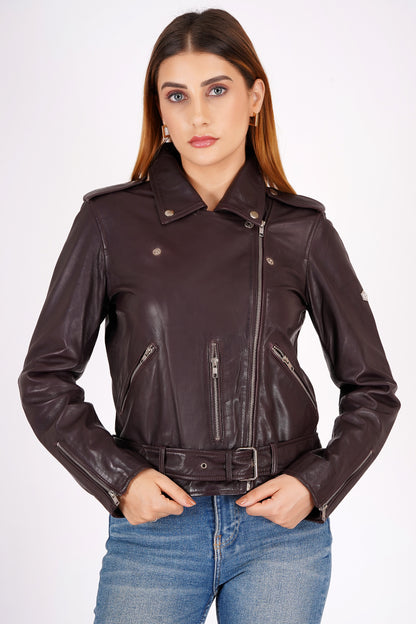 100% Leather Motorcycle Flap Pocket Jacket - Burgundy | WX114