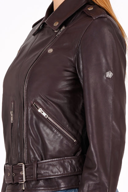 100% Leather Motorcycle Flap Pocket Jacket - Burgundy | WX114