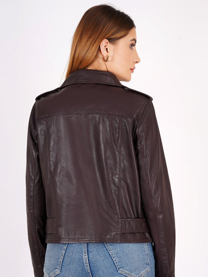 100% Leather Motorcycle Flap Pocket Jacket - Burgundy | WX114