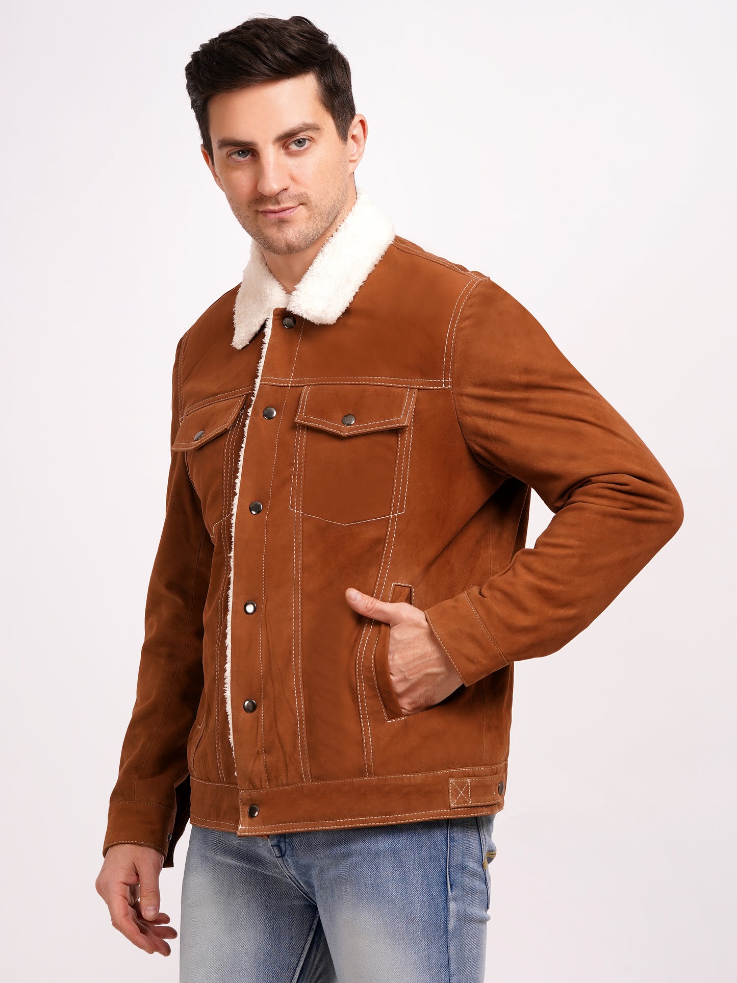Goat Suede Trucker Jacket COGNAC Color | MX 12