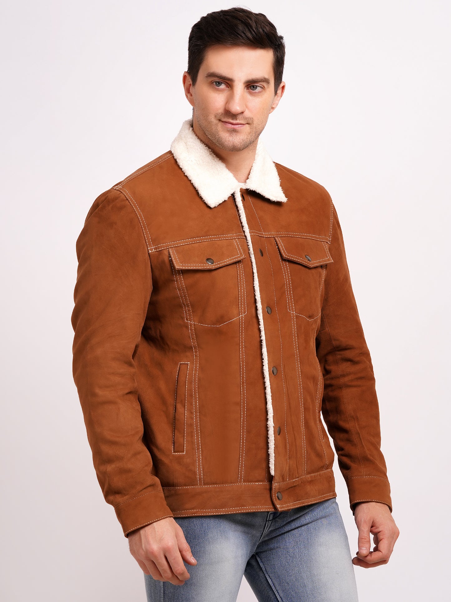 Goat Suede Trucker Jacket COGNAC Color | MX 12