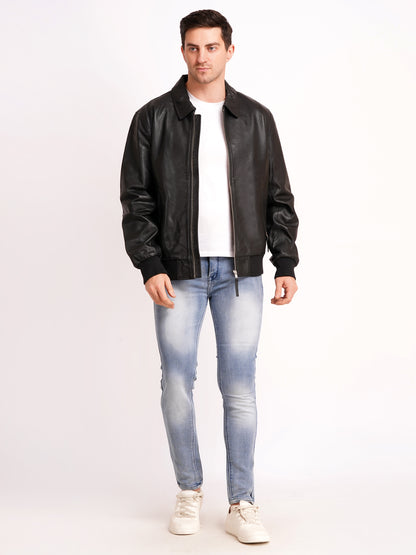 100% WASHED LEATHER COLLAR BOMBOR JACKET  MX 55