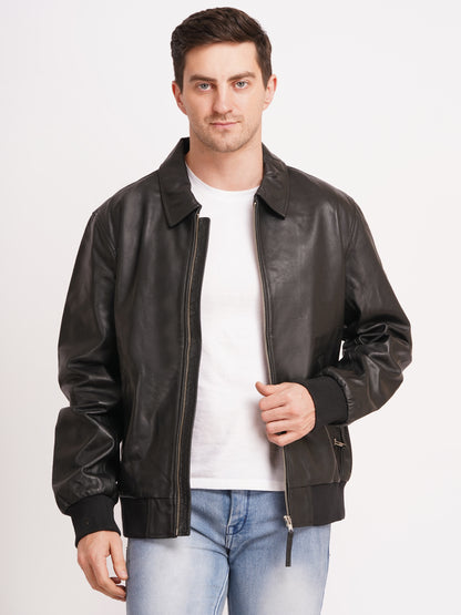 100% WASHED LEATHER COLLAR BOMBOR JACKET  MX 55