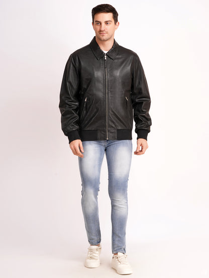 100% WASHED LEATHER COLLAR BOMBOR JACKET  MX 55