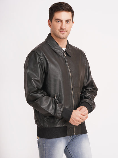 100% WASHED LEATHER COLLAR BOMBOR JACKET  MX 55