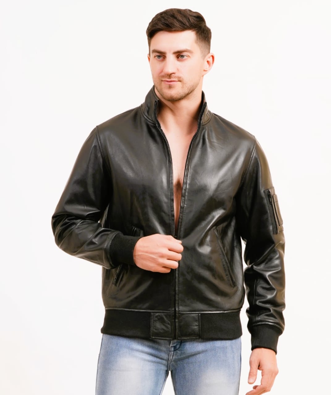 100% Washed Leather Zip Up Bomber Jacket - Black | MX80