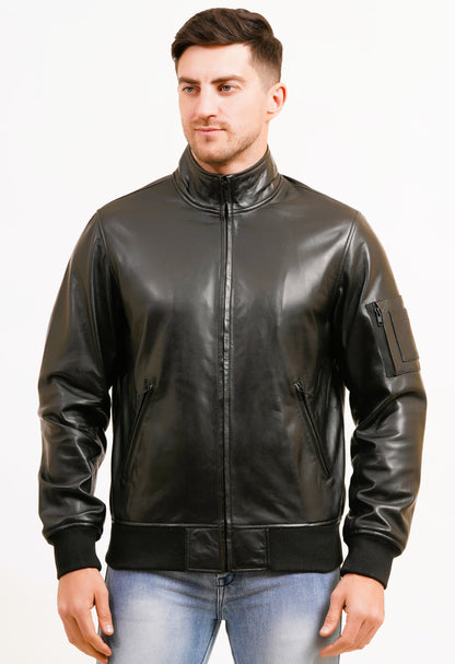 100% Washed Leather Zip Up Bomber Jacket - Black | MX80