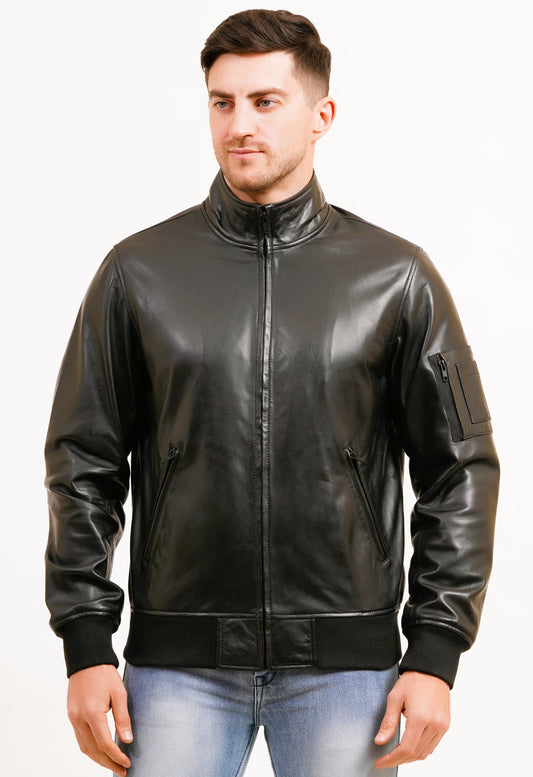 100% Washed Leather Zip Up Bomber Jacket - Black | MX80