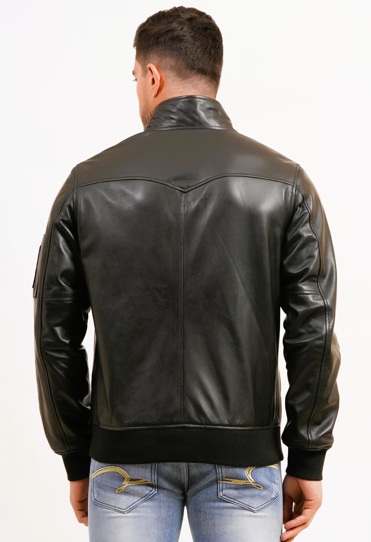 100% Washed Leather Zip Up Bomber Jacket - Black | MX80