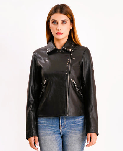 100% Real Lamp Leather Studs Collars Women Jacket | WX31