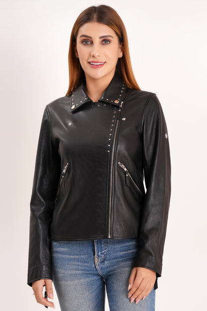 100% Real Lamp Leather Studs Collars Women Jacket | WX31