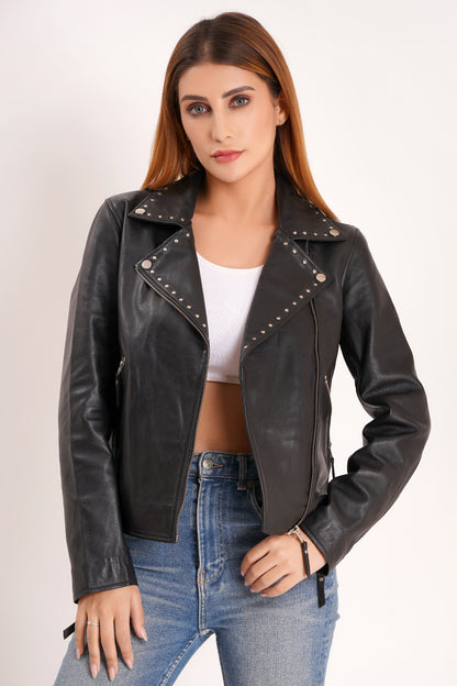 100% Real Lamp Leather Studs Collars Women Jacket | WX31