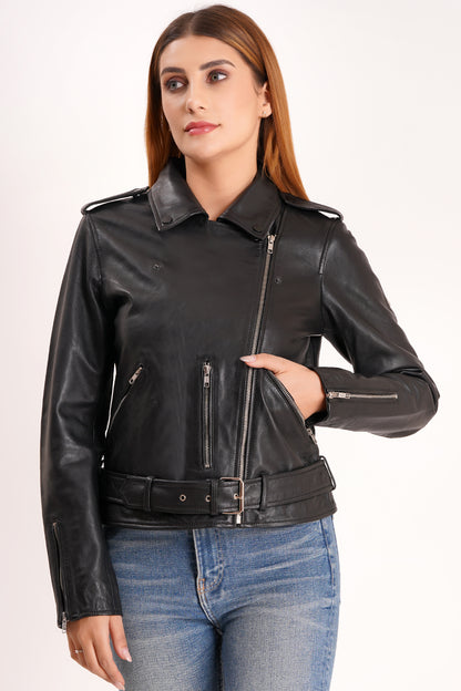 100% Leather Motorcycle Flap Pocket Jacket - Black | WX114