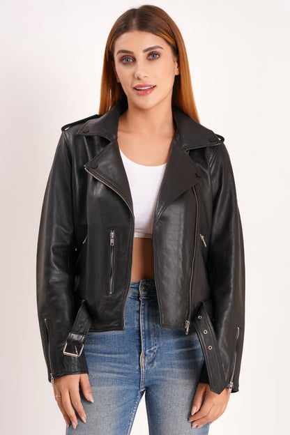 100% Leather Motorcycle Flap Pocket Jacket - Black | WX114