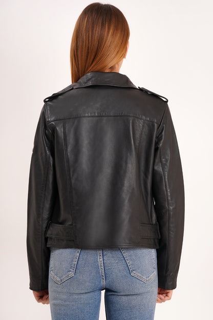 100% Leather Motorcycle Flap Pocket Jacket - Black | WX114