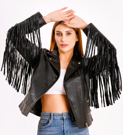 100% Leather Fringes Biker Jacket | WX32