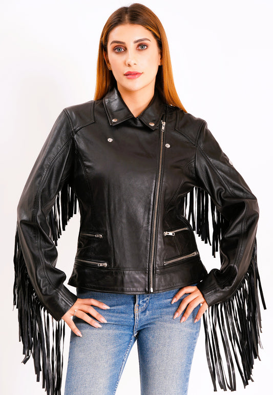 100% Leather Fringes Biker Jacket | WX32