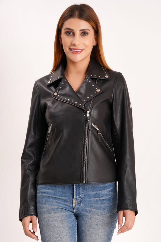 100% Real Lamp Leather Studs Collars Women Jacket | WX31