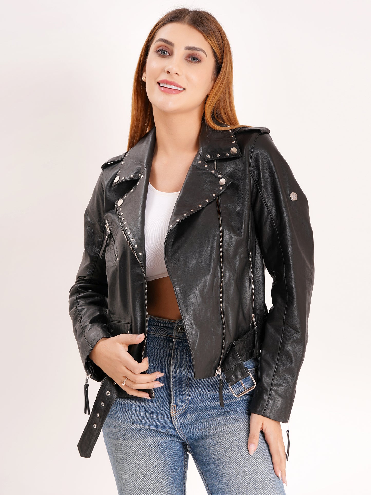 100% Leather Stud Biker Jacket | WX29