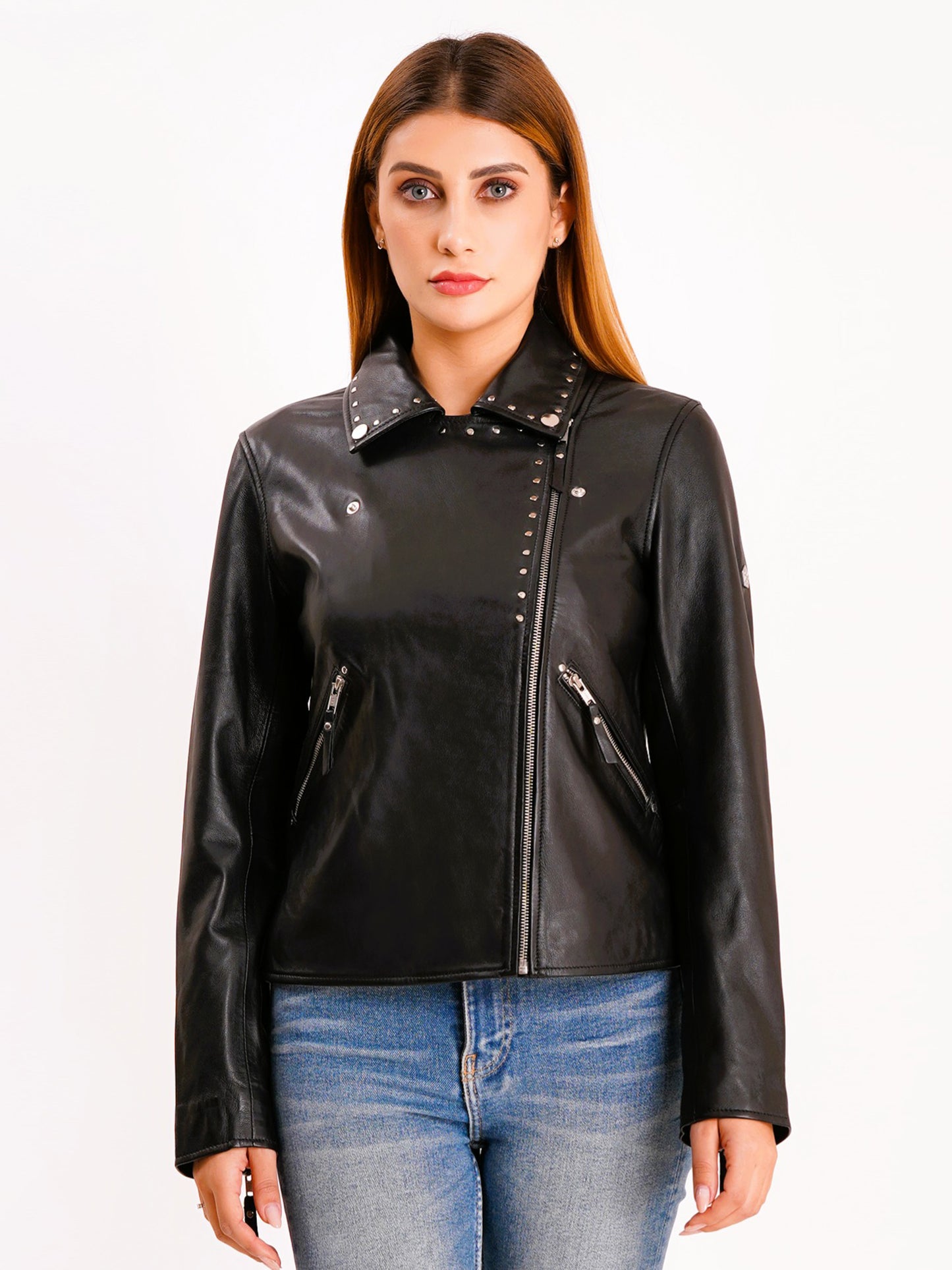 100% Real Lamp Leather Studs Collars Women Jacket | WX31