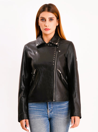 100% Real Lamp Leather Studs Collars Women Jacket | WX31