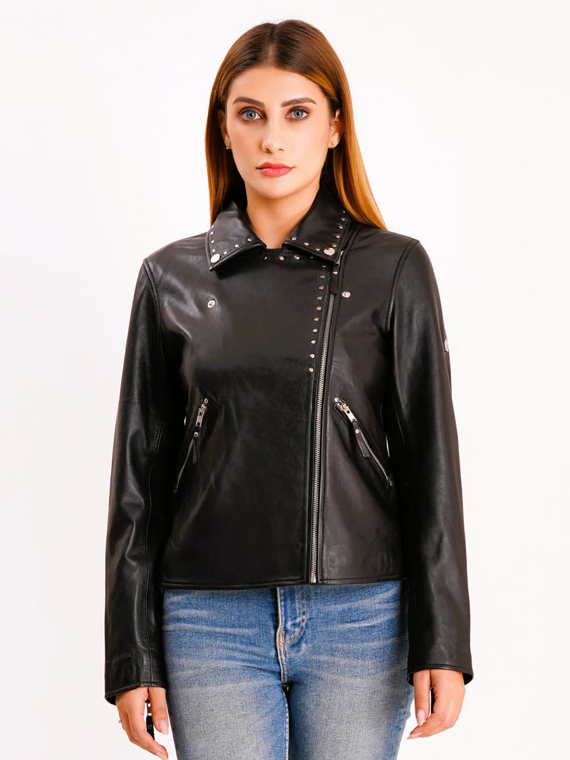 100% Real Lamp Leather Studs Collars Women Jacket | WX31