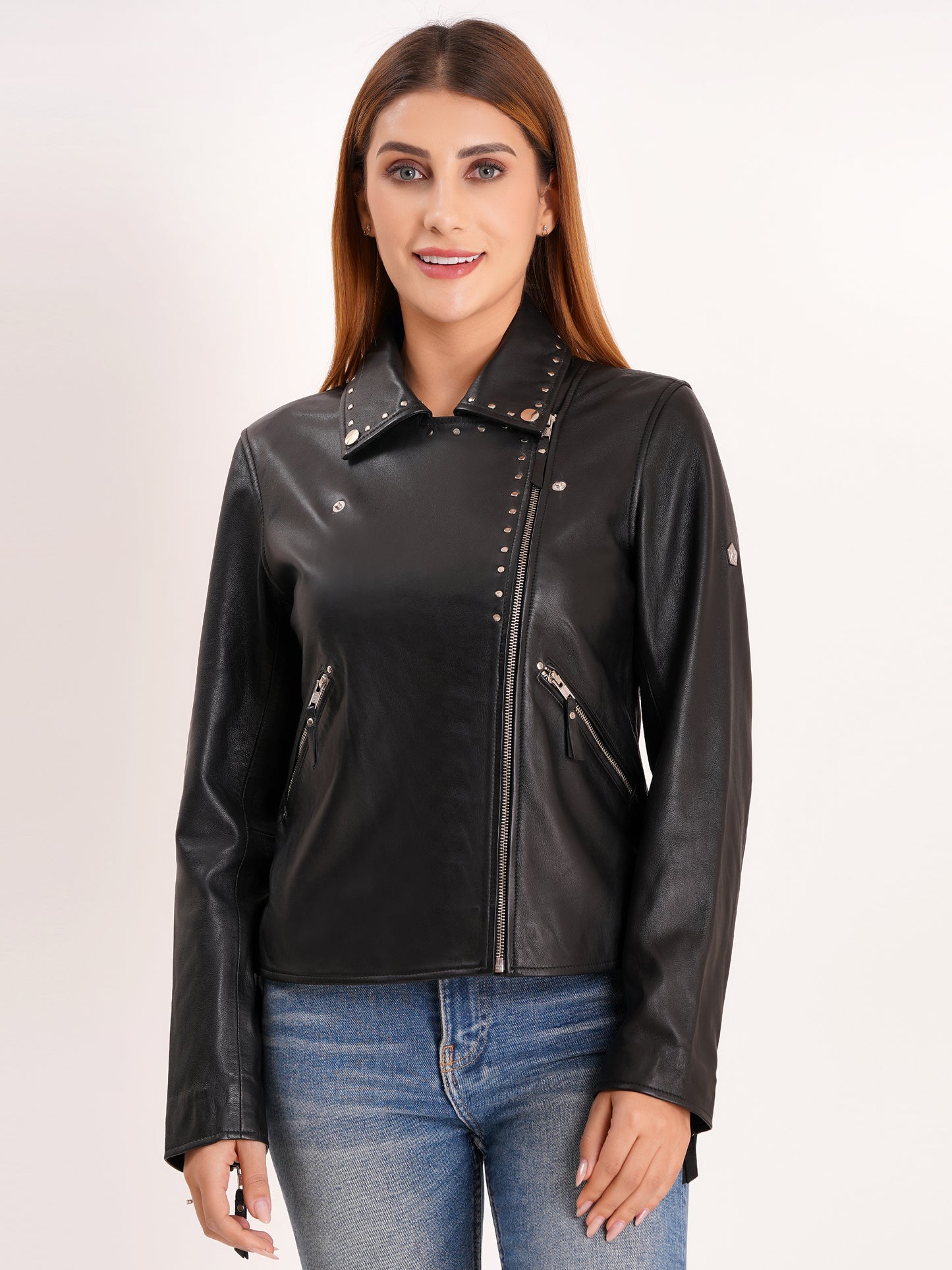 100% Real Lamp Leather Studs Collars Women Jacket | WX31