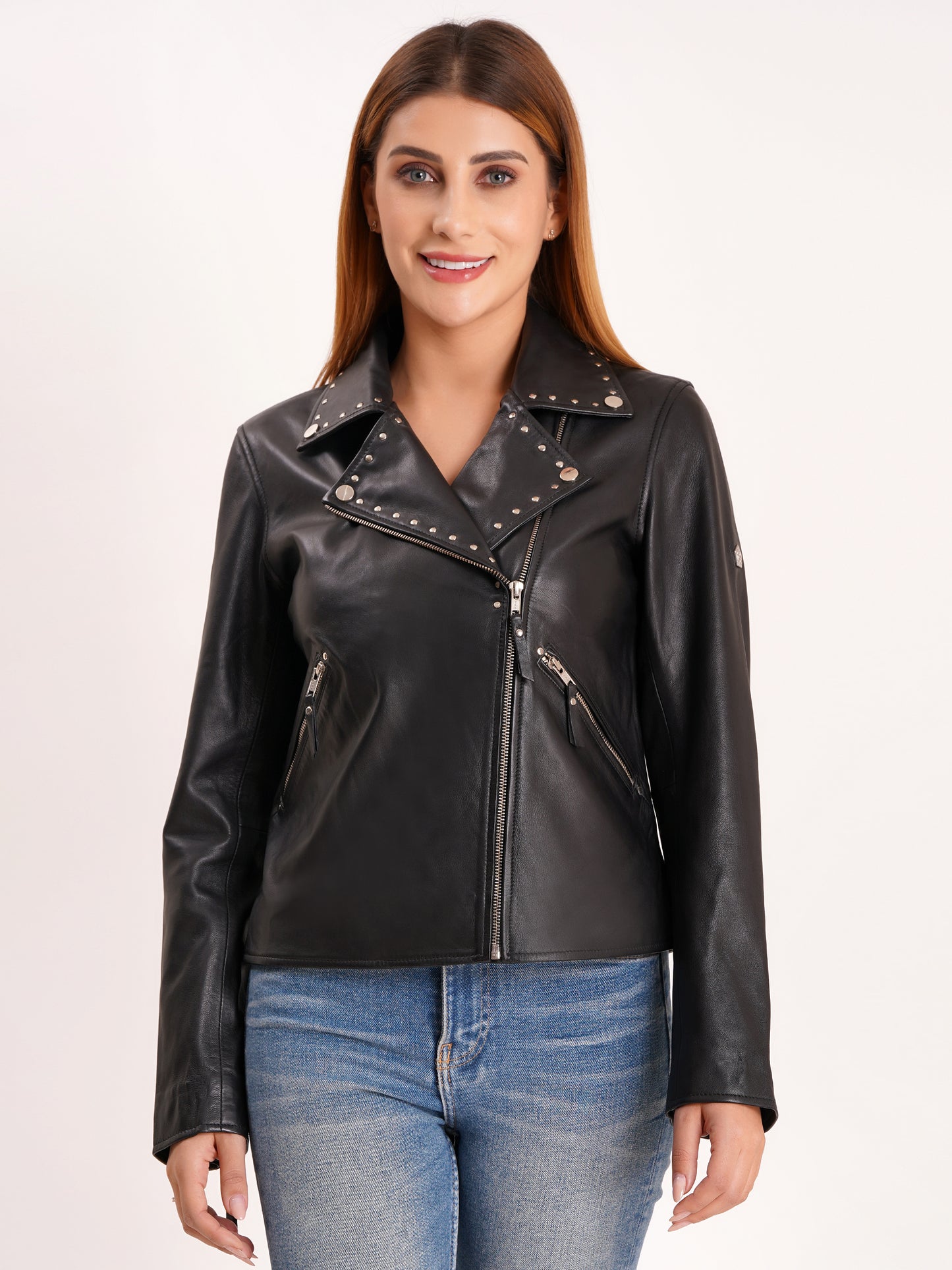 100% Real Lamp Leather Studs Collars Women Jacket | WX31
