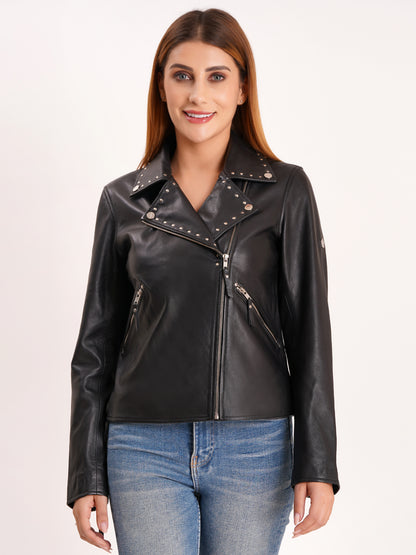 100% Real Lamp Leather Studs Collars Women Jacket | WX31
