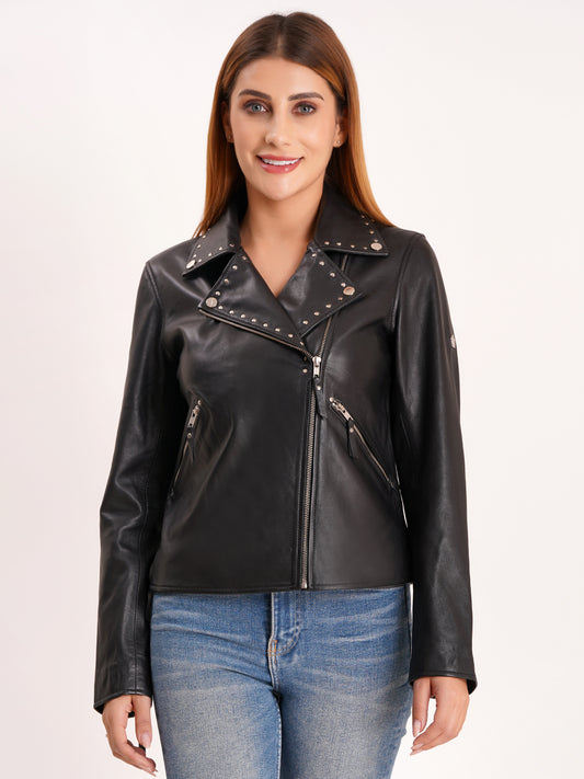 100% Real Lamp Leather Studs Collars Women Jacket | WX31