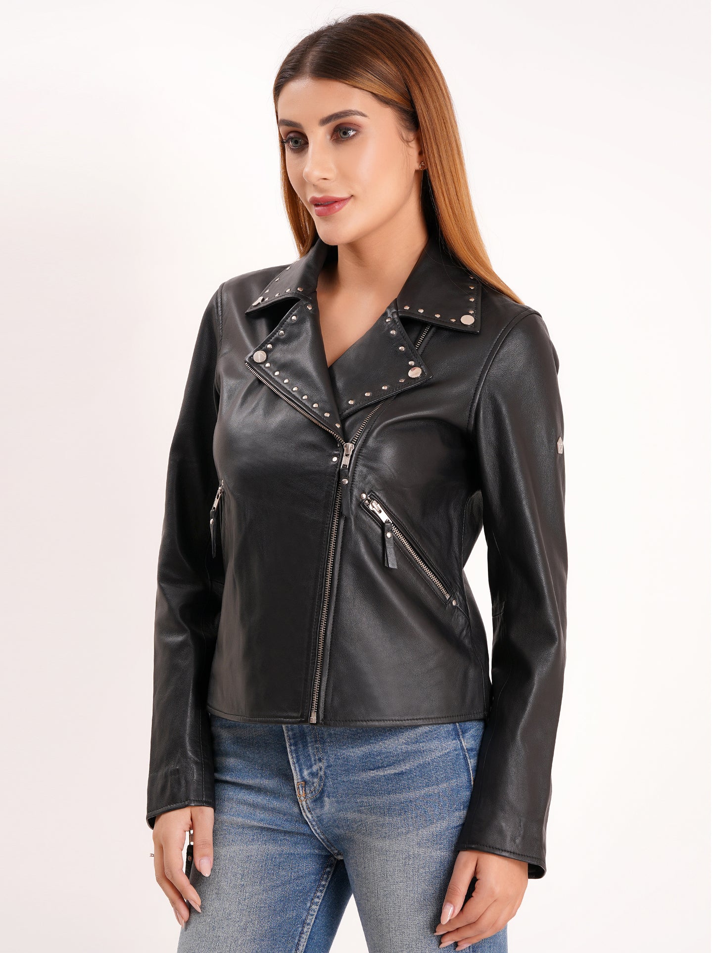 100% Real Lamp Leather Studs Collars Women Jacket | WX31