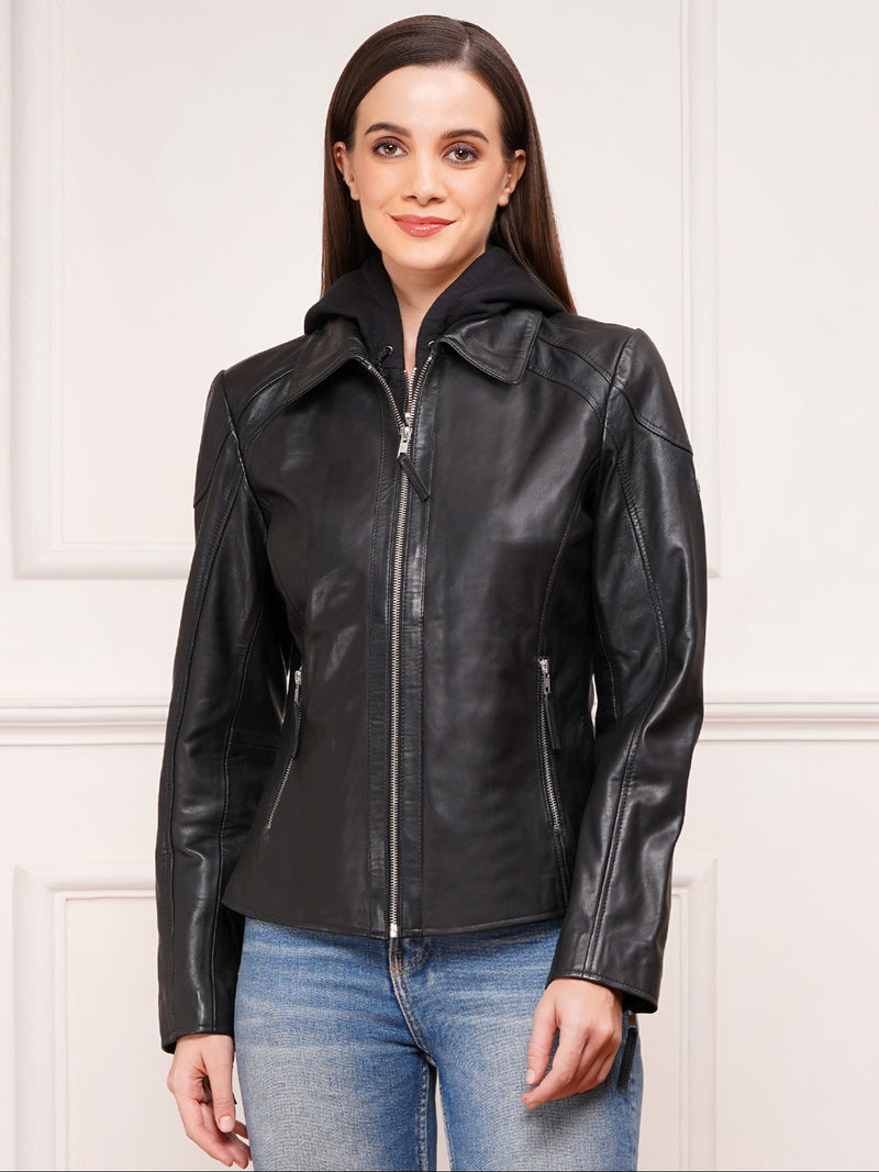 100% Washed Leather Detachable hood Jacket | WX47
