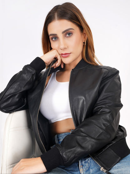 100% Washed Leather Rib Collar Bomber Jacket - WX 97
