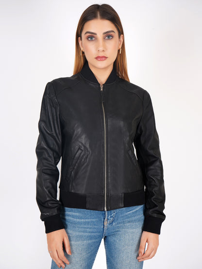 100% Washed Leather Rib Collar Bomber Jacket - WX 97