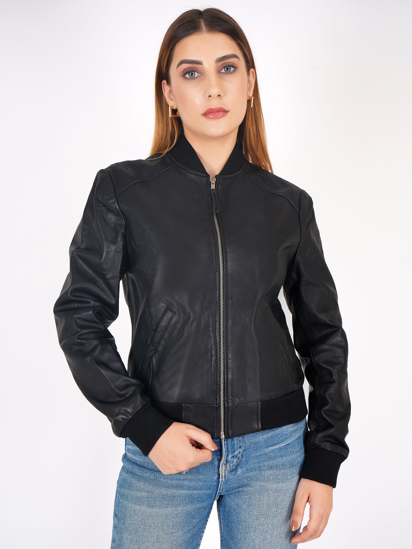 100% Washed Leather Rib Collar Bomber Jacket - WX 97