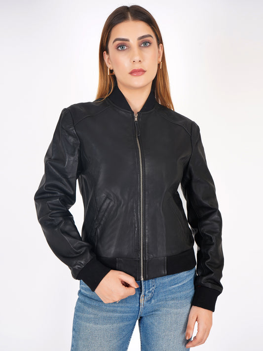 100% Washed Leather Rib Collar Bomber Jacket - WX 97