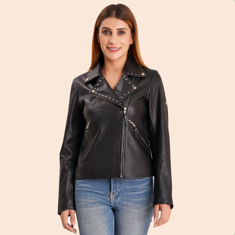 100% Real Lamp Leather Studs Collars Women Jacket | WX31