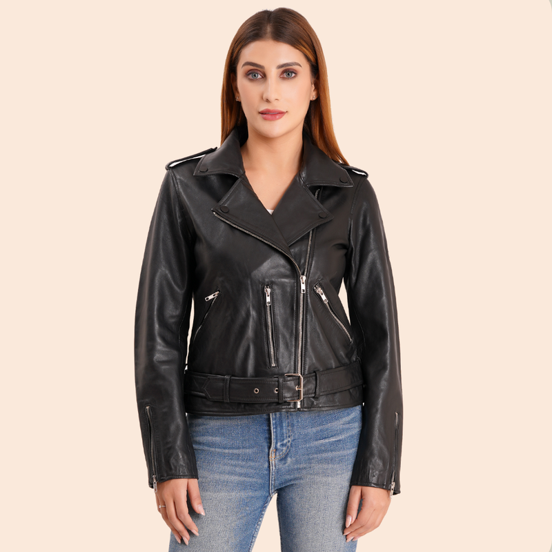 100% Leather Motorcycle Flap Pocket Jacket - Black | WX114