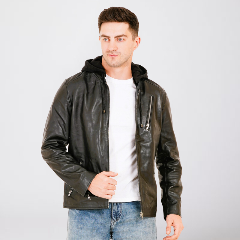 100% LEATHER WITH DETACHABLE HOOD JACEKT MX 45