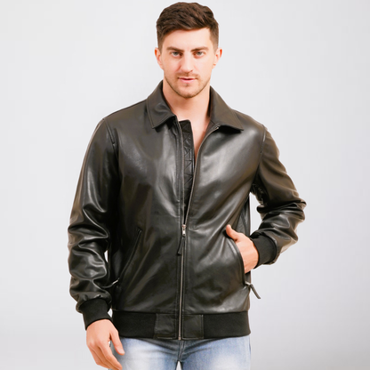 100% WASHED LEATHER COLLAR BOMBOR JACKET  MX 55