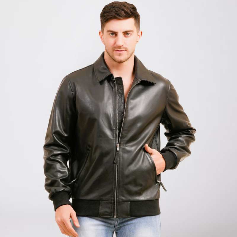 100% WASHED LEATHER COLLAR BOMBOR JACKET  MX 55