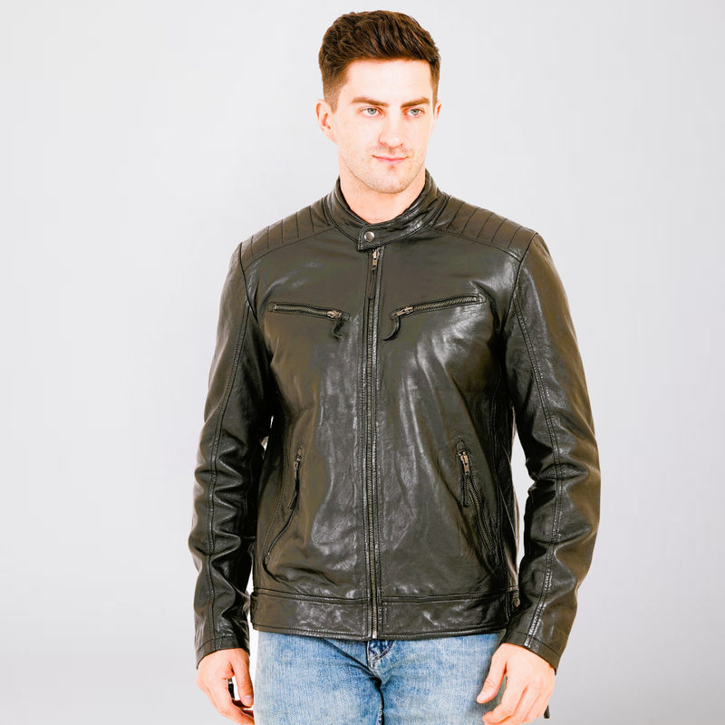 100% Heavy Washed Leather Snap Collar Jacket - Black | MX19 🔥 Hot Selling
