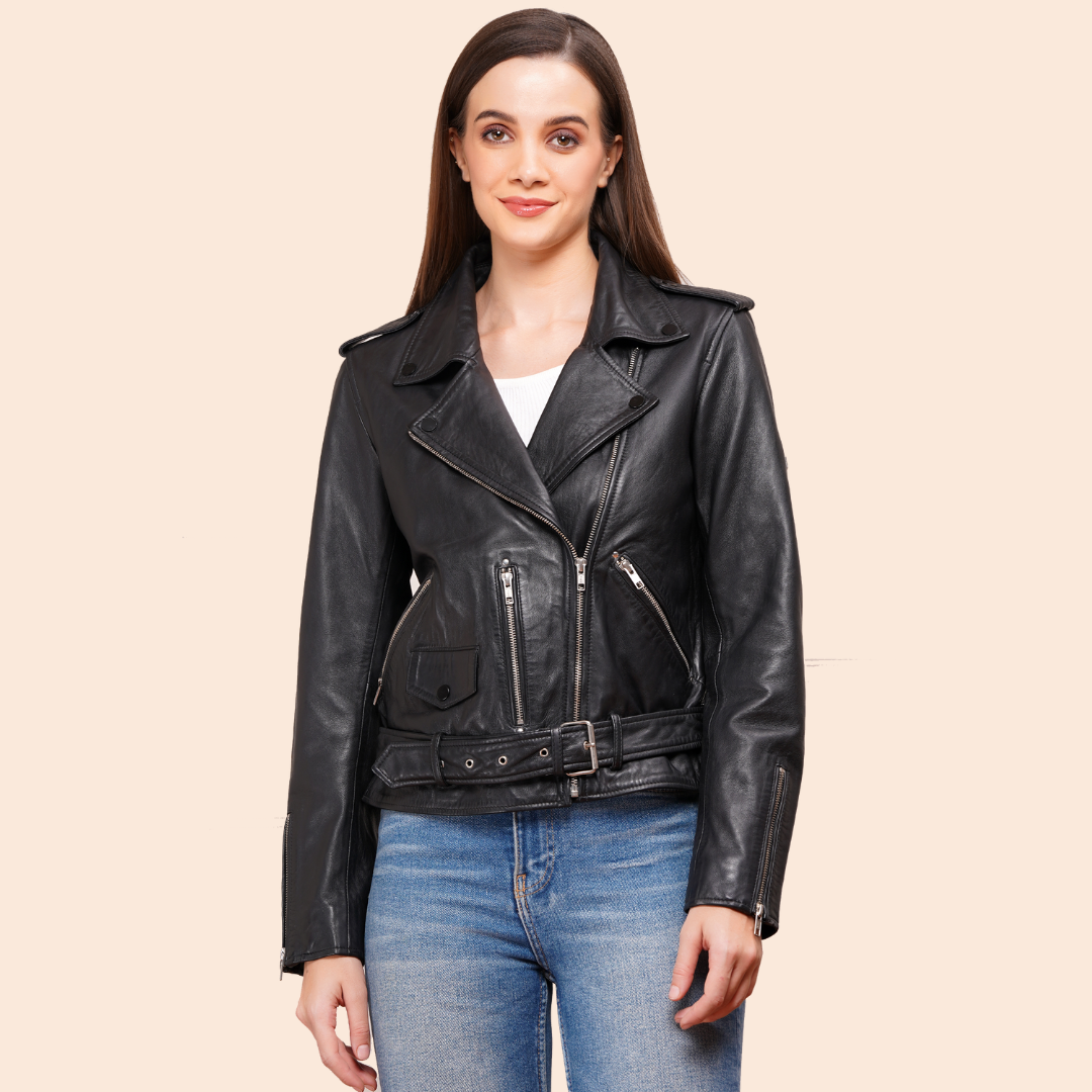 100% Leather Motorcycle Flap Pocket Jacket - Black | WX88