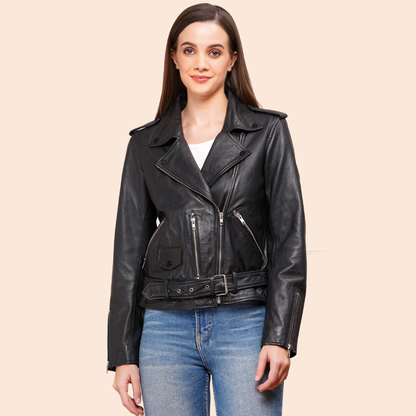 100% Leather Motorcycle Flap Pocket Jacket - Black | WX88