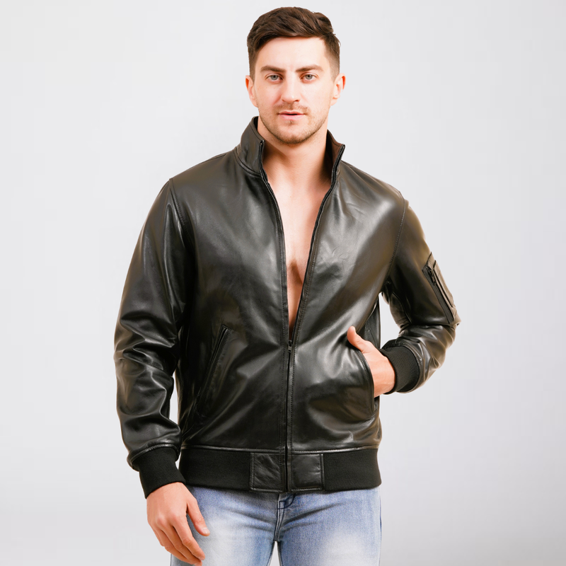 100% Washed Leather Zip Up Bomber Jacket - Black | MX80