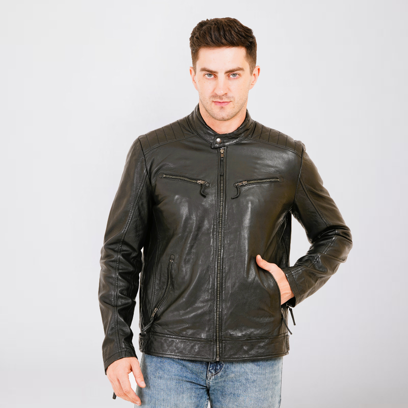 100% Heavy Washed Leather Snap Collar Jacket - Black | MX19 🔥 Hot Selling